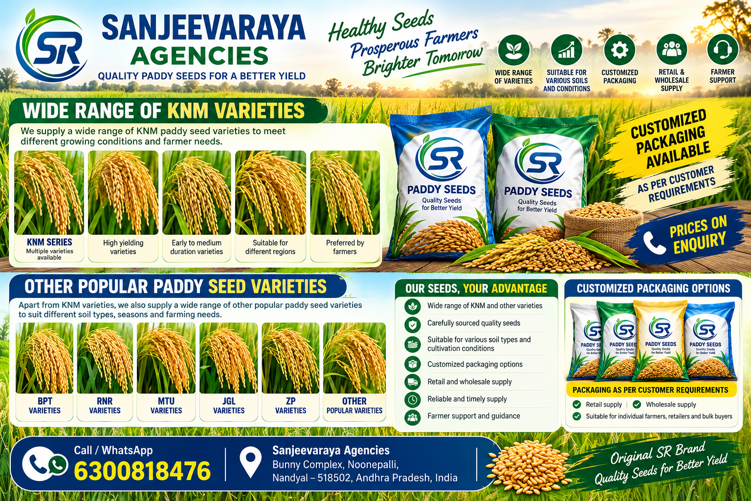 Sanjeevaraya Agencies promotional paddy seed catalogue showing KNM and other seed groups